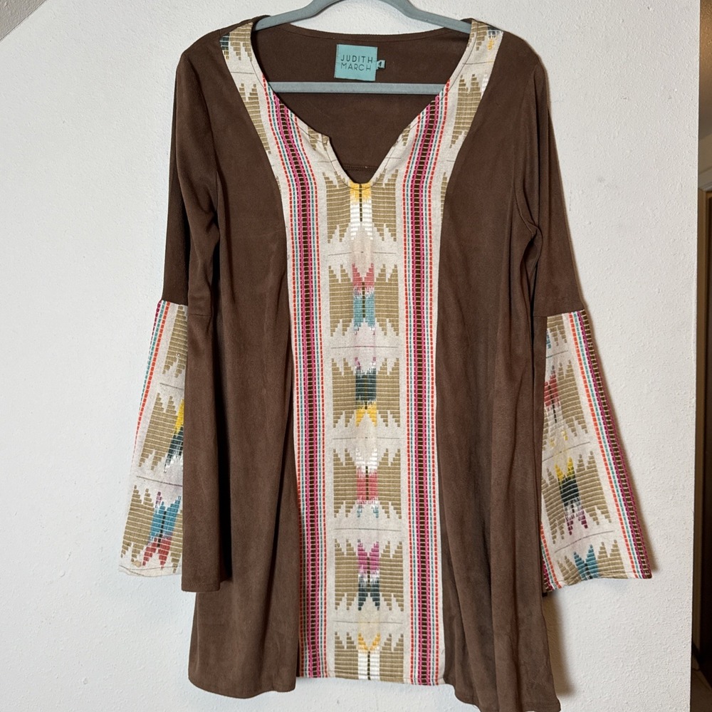 Judith March‎ Brown Aztec Boho Tunic Top Long Bell Sleeve Southwestern Style M